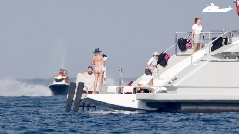 James Corden and his wife Julia seen enjoying the sun on a luxury yacht in St Tropez. 15 Jul 2018 Pictured: James Corden and Julia. Photo credit: Spread Pictures / MEGA